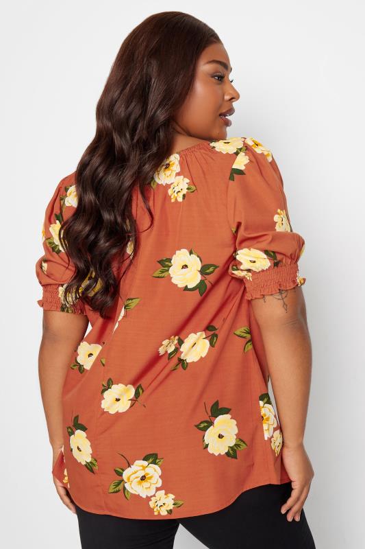YOURS Plus Size Rust Orange Floral Print Puff Sleeve Gypsy Top | Yours Clothing 3