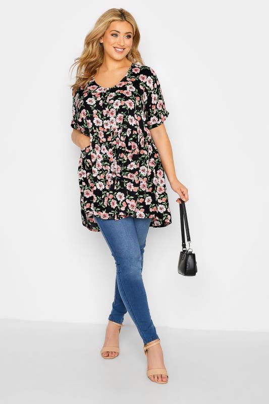 Plus Size Black Floral Drop Pocket Peplum Top | Yours Clothing 2