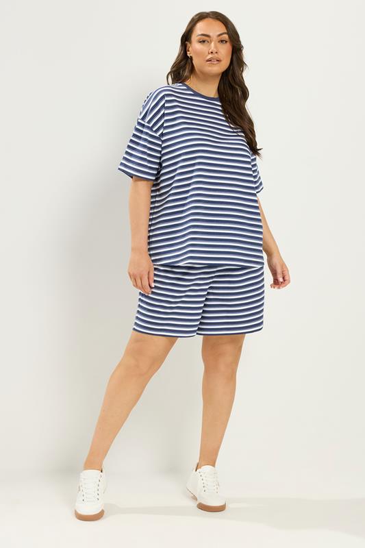 YOURS Plus Size Blue Stripe T-Shirt & Shorts Co-ord | Yours Clothing 1