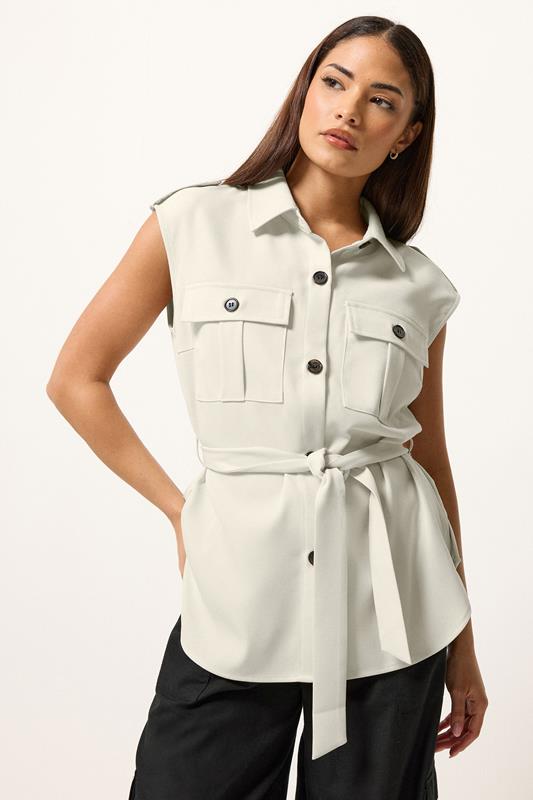 PixieGirl Petite Women's Ivory White Belted Utility Shirt | PixieGirl  1