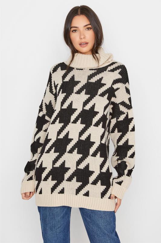 LTS Tall Cream Dogtooth Check Roll Neck Jumper 1