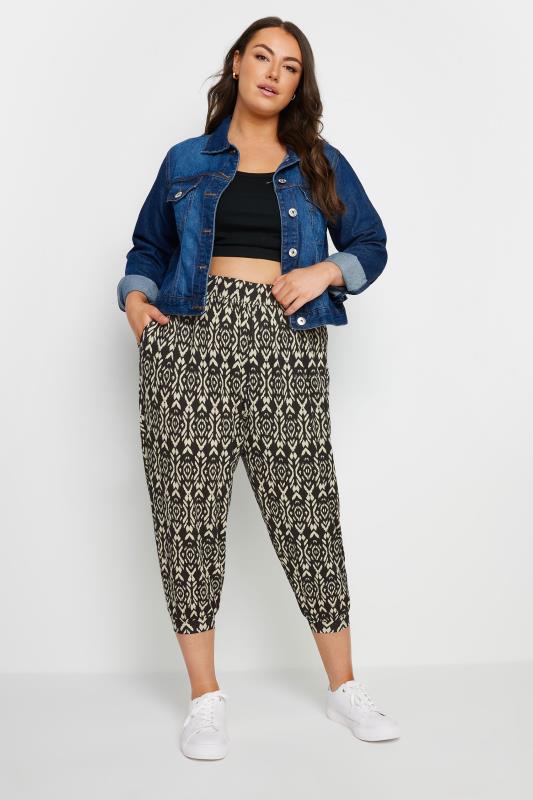 YOURS Plus Size Black Abstract Print Textured Cropped Harem Trousers | Yours Clothing 2
