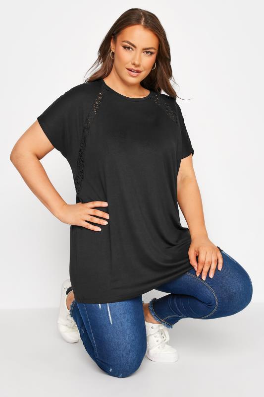 Plus Size Black Lace Detail T-Shirt | Yours Clothing  1