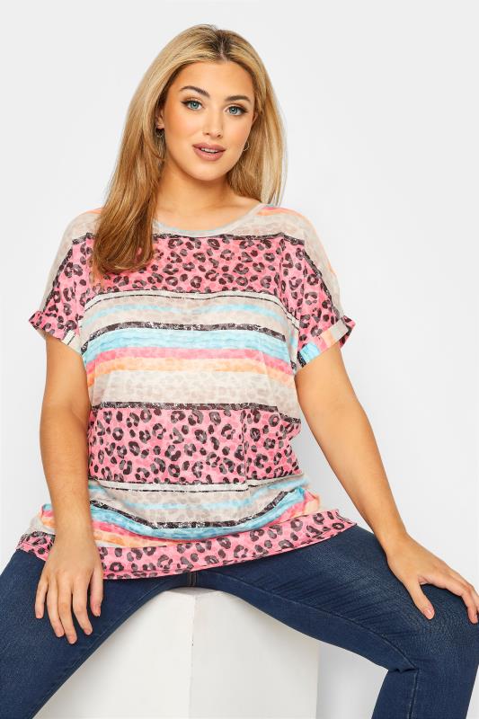 Plus Size Pink Leopard Print Colour Block T-Shirt | Yours Clothing 1