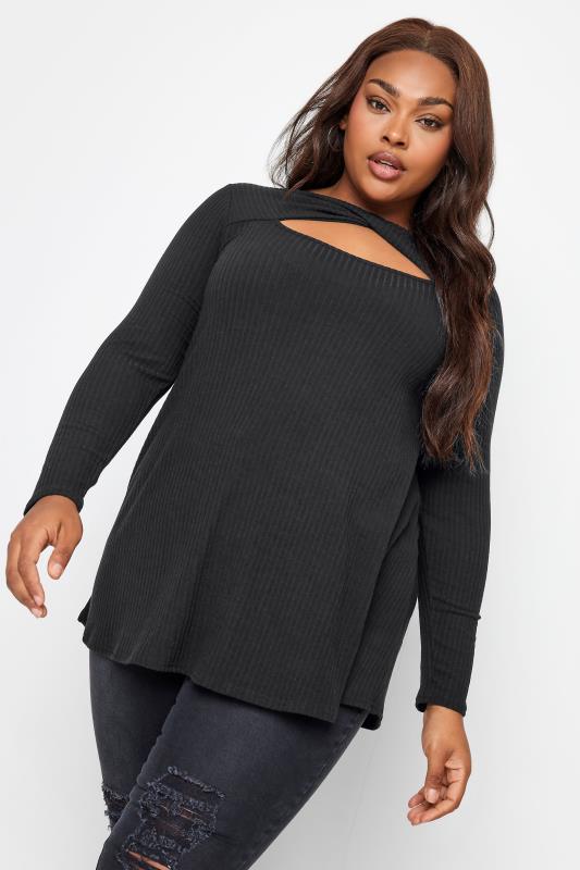 Plus Size  YOURS Curve Black Twist Front Ribbed Swing Top