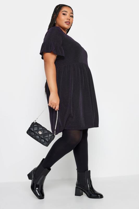 YOURS Curve Plus Size Black & Purple Glitter Frill Sleeve Tunic Dress | Yours Clothing  2