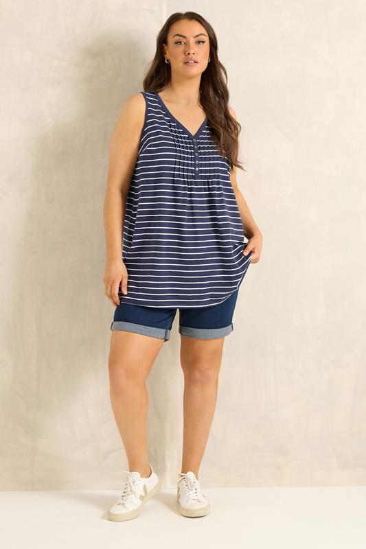 EVANS Plus Size Navy Blue Stripe Cotton Henley Vest Top | Evans 1