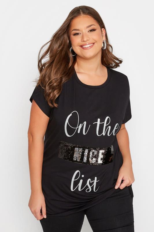 Curve Black 'On The Nice List' Sequin Embellished Christmas T-Shirt | Yours Clothing 2