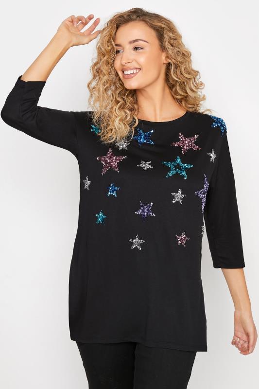 LTS Tall Black Multicoloured Sequin Star Top 1