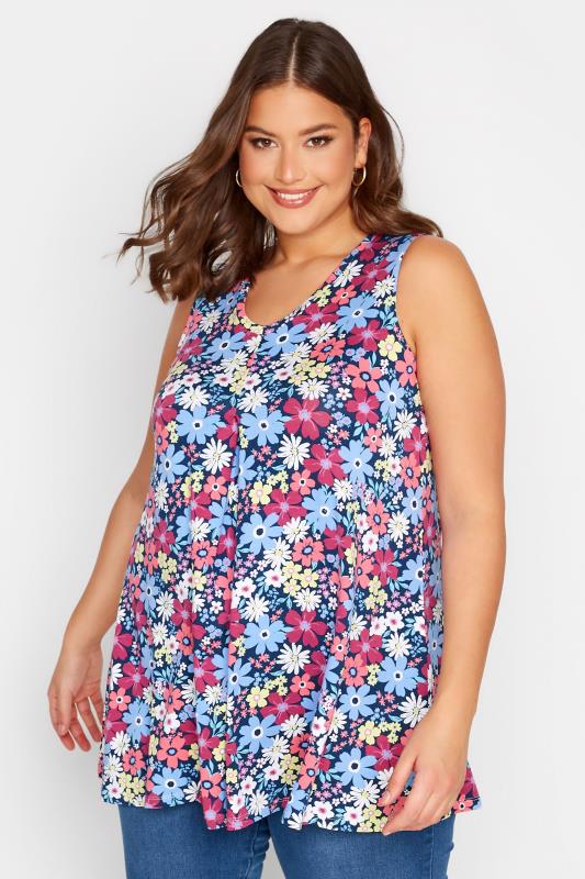 YOURS Plus Size Blue Floral Print Swing Vest Top | Yours Clothing  1