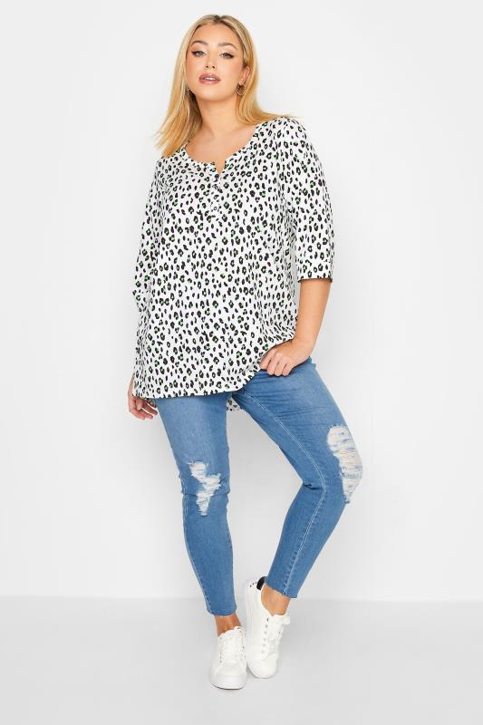 YOURS Plus Size White Leopard Print Henley T-Shirt | Yours Clothing 2