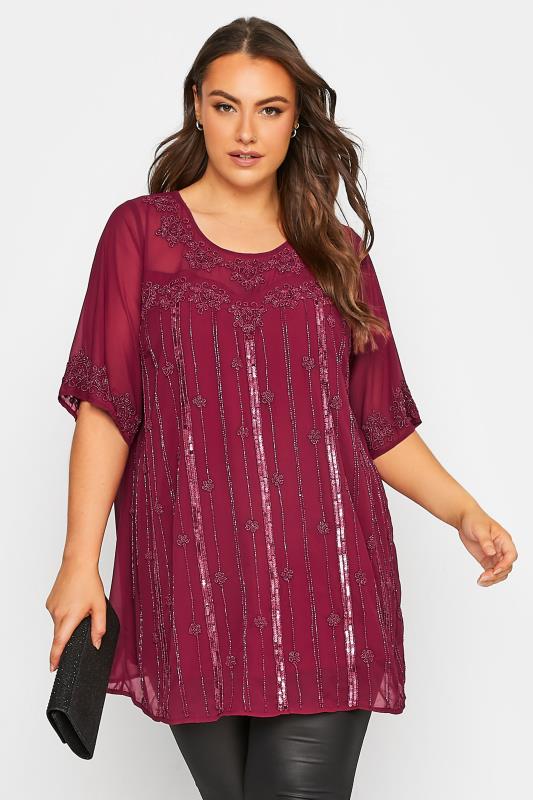 LUXE Plus Size Burgundy Red Sequin Hand Embellished Chiffon Blouse | Yours Clothing 1