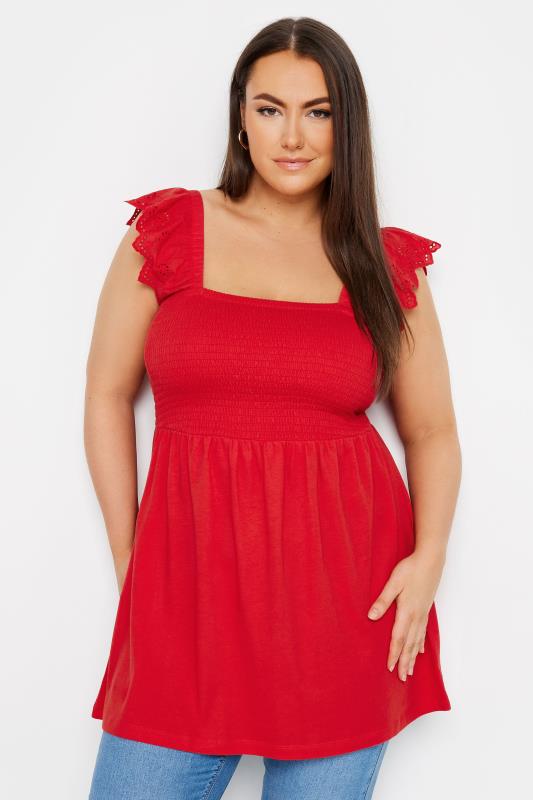 Plus Size  YOURS Curve Red Broderie Anglaise Peplum Top