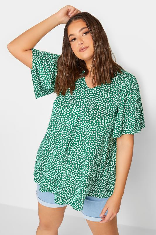 YOURS Plus Size Green Floral Pleat Angel Sleeve Swing Top | Yours Clothing 1
