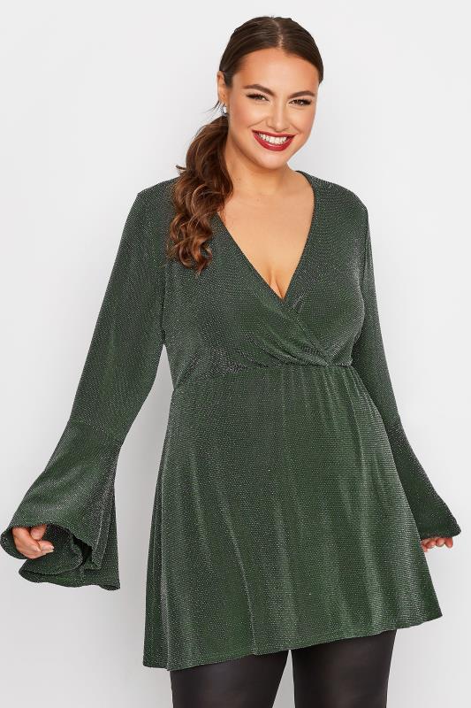 LIMITED COLLECTION Plus Size Forest Green Glitter Flare Sleeve Wrap Top | Yours Clothing 1
