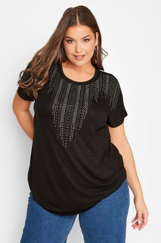 Plus Size Black & Silver Studded Neckline Top | Yours Clothing 1