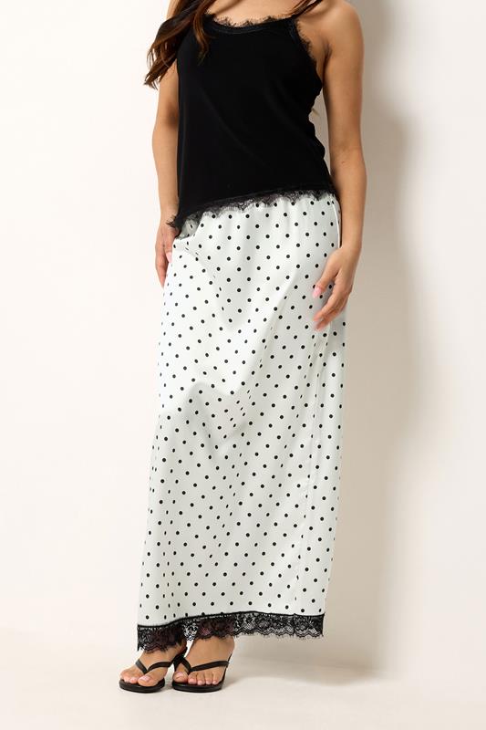 PixieGirl Petite Women's White Polka Dot Satin Maxi Skirt | PixieGirl 2