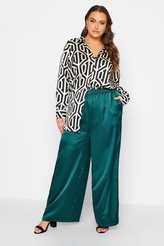 Plus Size Green Satin Wide Leg Trousers | Yours Clothing 2