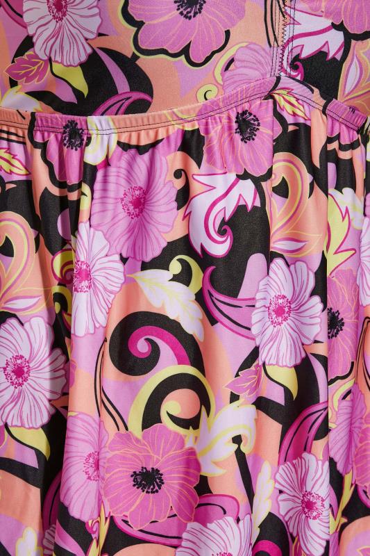 Plus Size Pink Retro Floral Print Hanky Hem Tummy Control Swim Dress | Yours Clothing 5