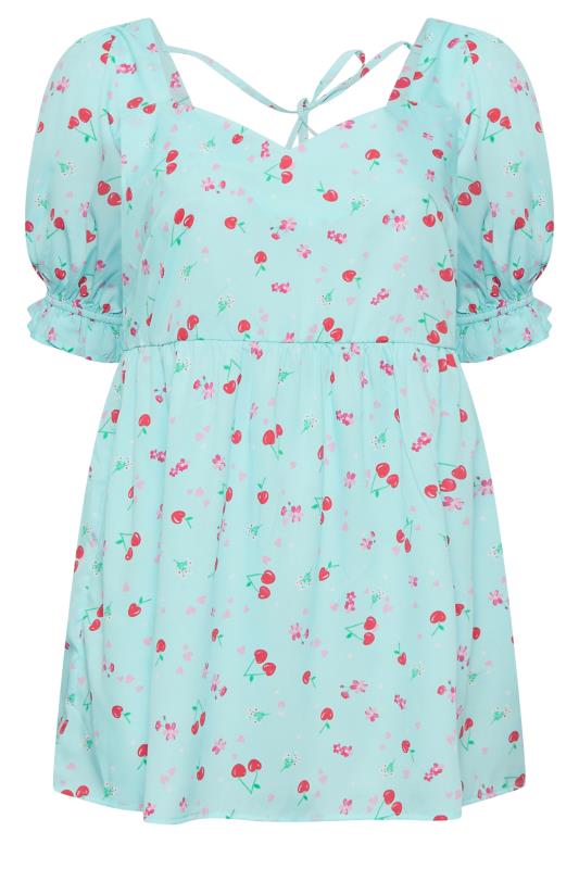 YOURS Plus Size Curve Blue Cherry Print Peplum Top | Yours Clothing  8