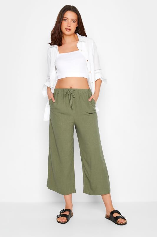 LTS Tall Women's Khaki Green Wide Leg Cropped Linen Trousers | Long Tall Sally  2