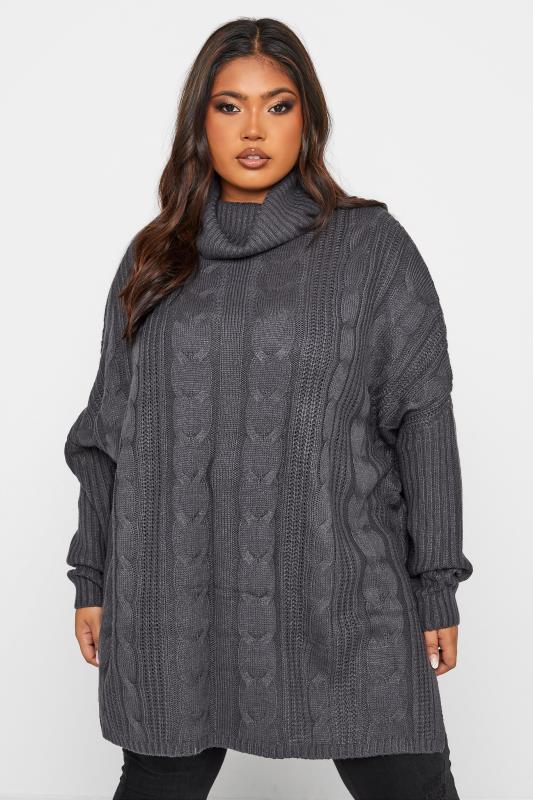 Plus Size  Charcoal Grey Cable Knit Roll Neck Jumper