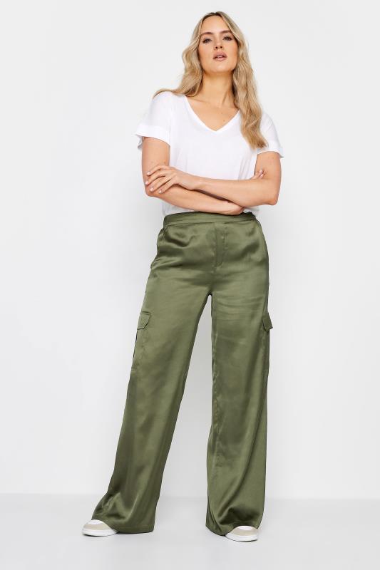LTS Tall Womens Khaki Green Satin Wide Leg Trousers | Long Tall Sally  1