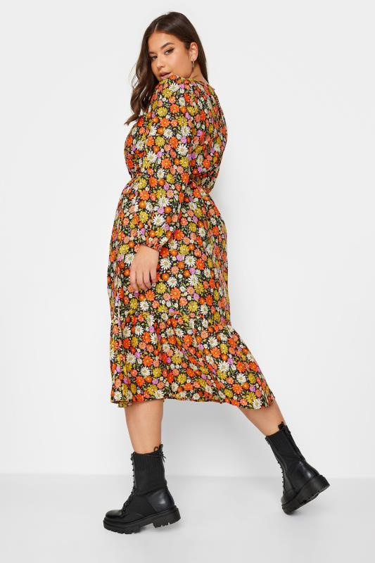 Plus Size Black & Orange Floral Print Balloon Sleeve Midaxi Dress | Yours Clothing 3