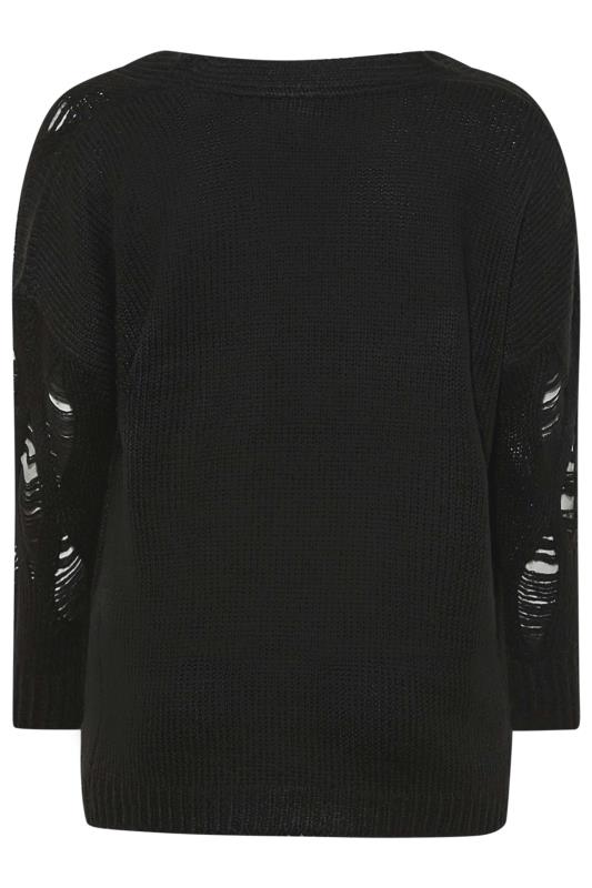 Plus Size Black Distressed V-Neck Knitted Jumper | Yours Clothing 8