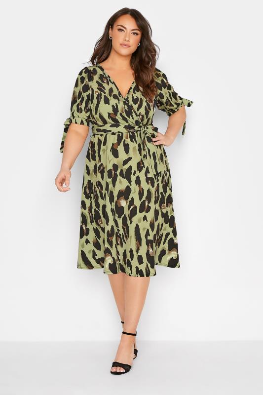 Plus Size  YOURS LONDON Curve Khaki Green Leopard Print Wrap Dress