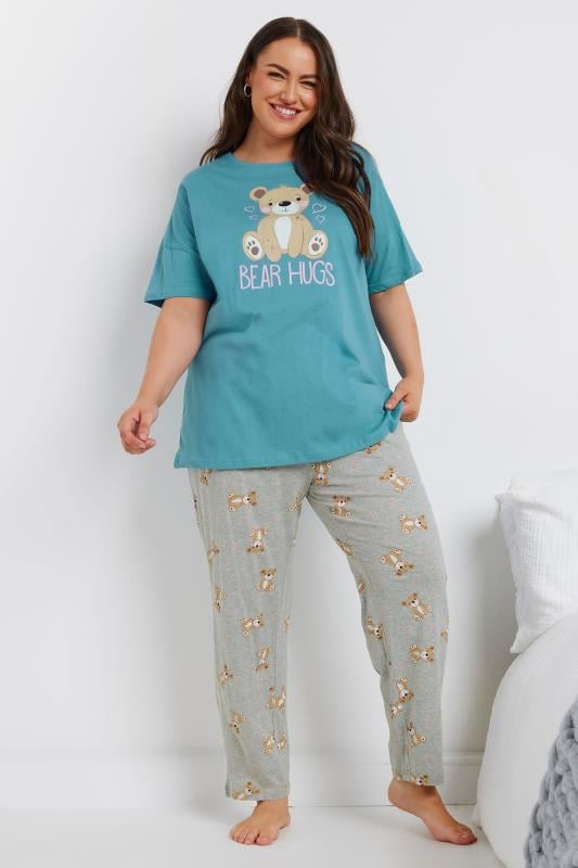 YOURS Plus Size Blue 'Bear Hugs' Wide Leg Pyjama Set | Yours Clothing 2