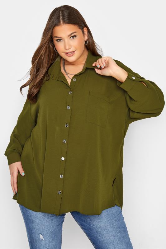 Plus Size  Curve Khaki Green Button Through Shirt