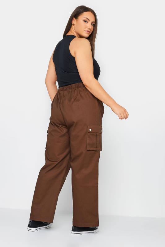 YOURS Curve Brown Wide Leg Woven Cargo Trousers | Yours Clothing 4