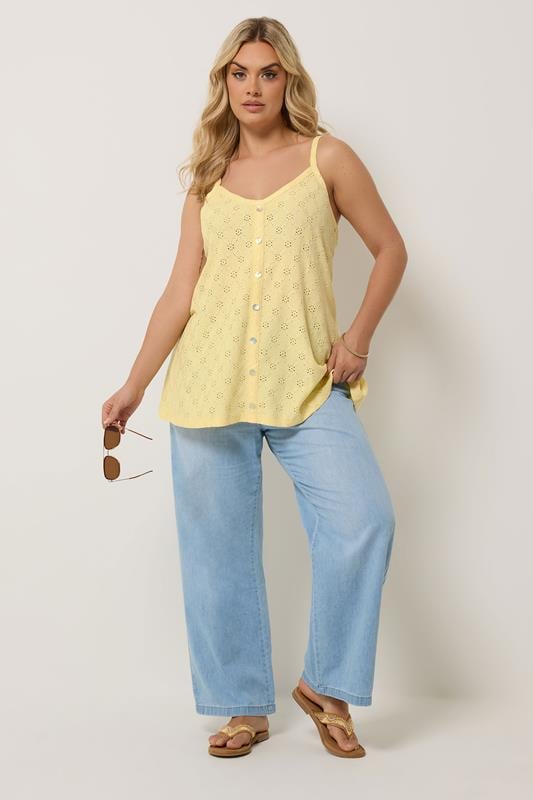 YOURS Plus Size Yellow Broderie Anglaise Peplum Top | Yours Clothing 1