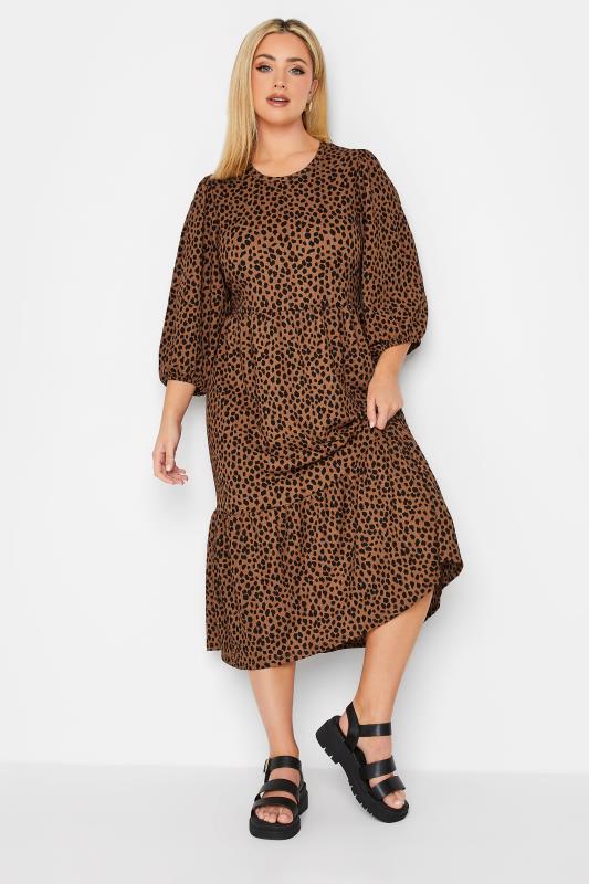 Plus Size Brown & Black Animal Print Frill Midi Dress | Yours Clothing 2
