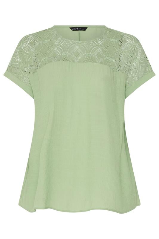 EVANS Plus Size Green Lace Detail Short Sleeve Top | Evans  5