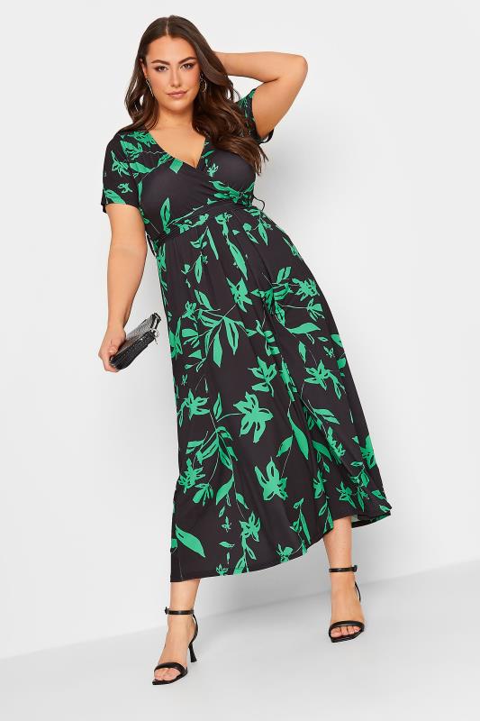 YOURS Curve Plus Size Green V-Neck Floral Wrap Dress | Yours Clothing  2