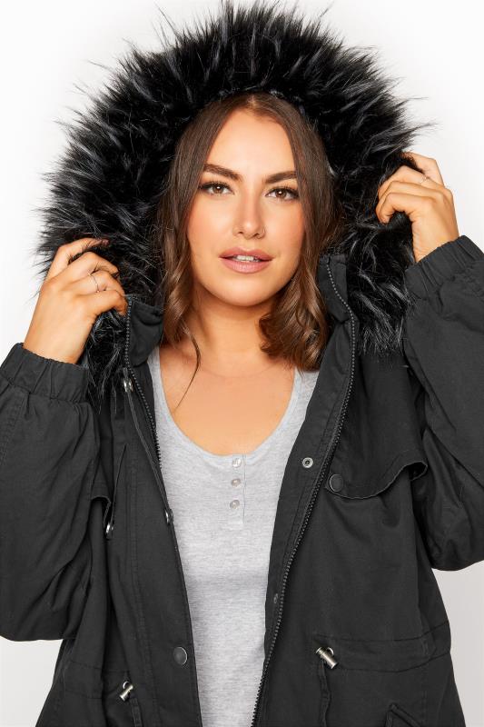 Curve Black Balloon Sleeve Faux Fur Lined Hooded Parka 4