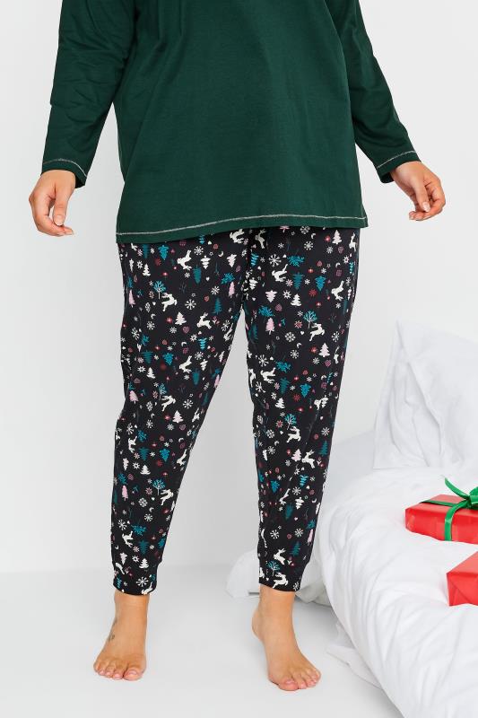 Curve Plus Size Black Christmas Print Cuffed Pyjama Bottoms | Yours Clothing 1