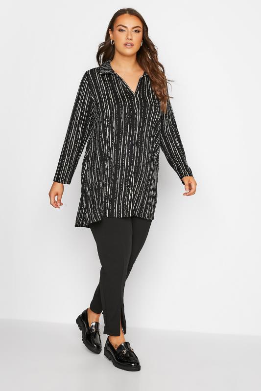 Plus Size Black Stripe Print Button Through Shirt | Yours Clothing 2