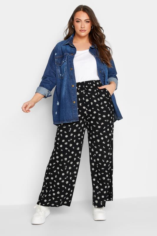 YOURS Plus Size Black Floral Daisy Print Wide Leg Trousers | Yours Clothing 2