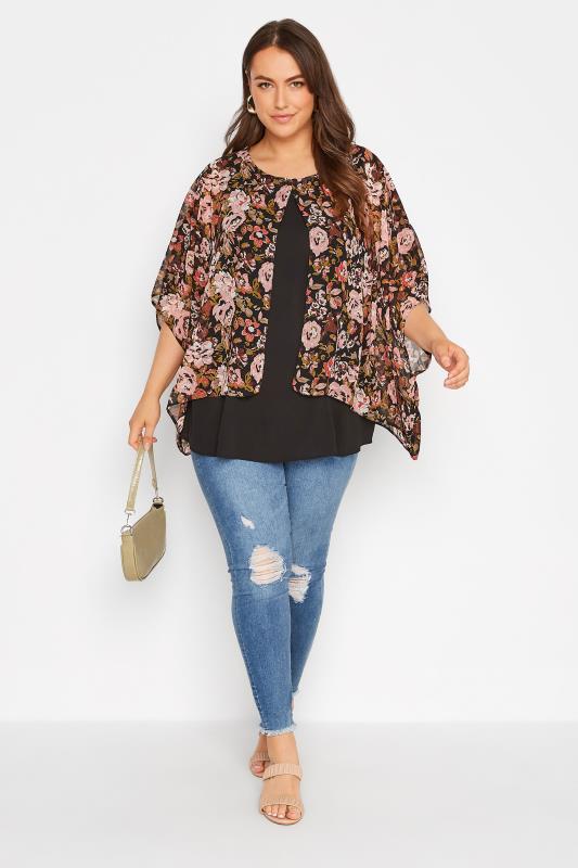 Curve Black Floral Double Layered Blouse | Yours Clothing 2