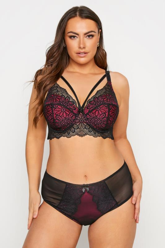  Grande Taille Black & Pink Floral Lace Trim Padded Balcony Bra