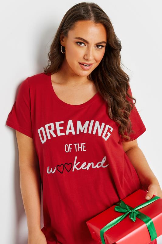 Plus Size Red 'Dreaming Of The Weekend' Slogan Pyjama Top | Yours Clothing	 4