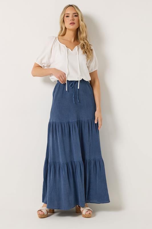  LTS Tall Navy Blue Acid Wash Tiered Maxi Skirt