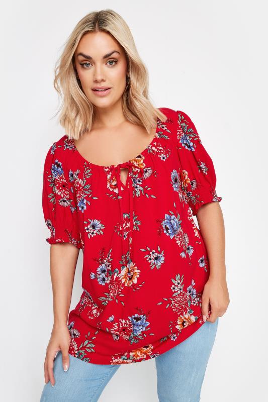 Plus Size  YOURS Curve Red Floral Print Tie Neck Top