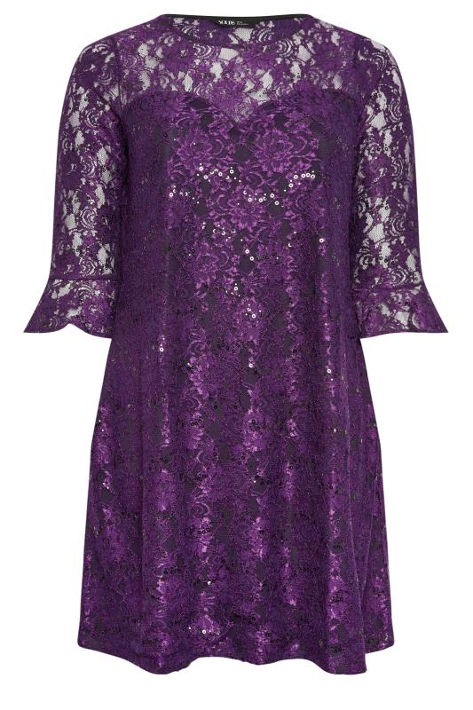 YOURS Plus Size Purple Lace Sequin Embellished Swing Dress | Yours Clothing 5