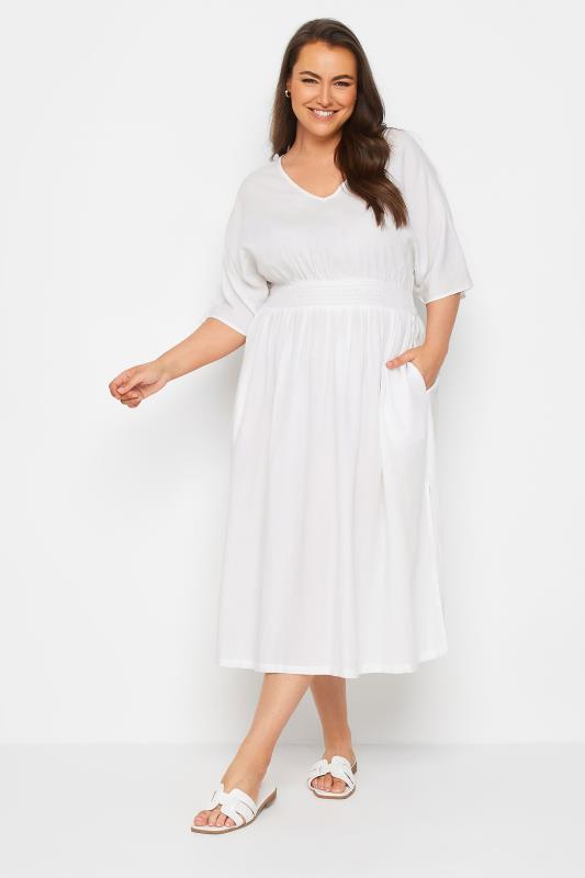 YOURS Plus Size White Linen Shirred Midaxi Dress | Yours Clothing 1