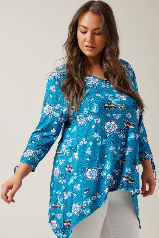 Hanky Hem Teal Floral Jersey Top  1