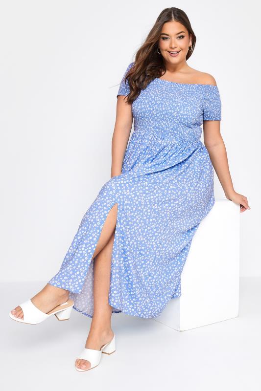 Curve Blue Ditsy Print Bardot Maxi Dress 4